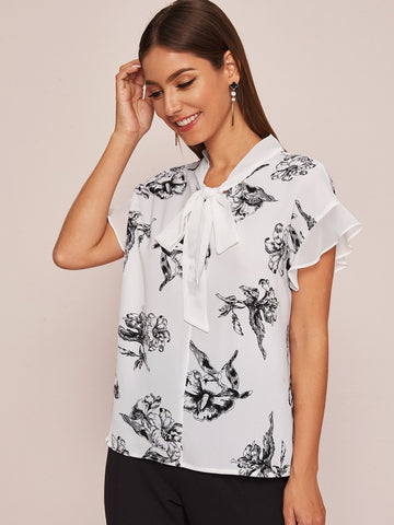 Floral Print Tie Neck Blouse