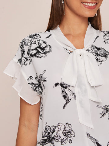 Floral Print Tie Neck Blouse