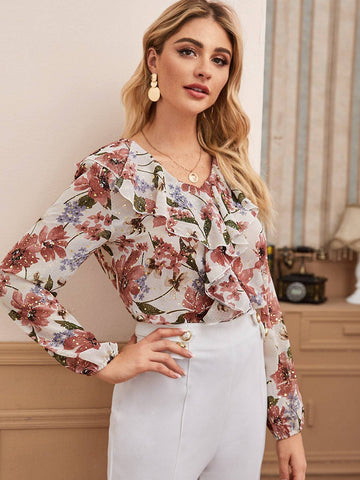 Chiffon Floral Print Ruffle Trim Blouse
