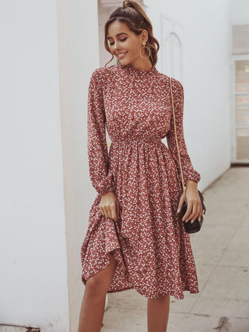 Frill Neck Ditsy Floral A-line Dress