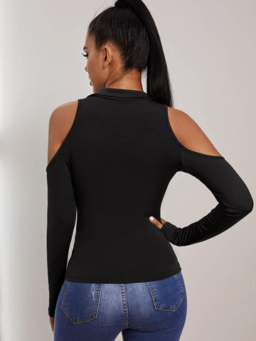 Funnel Neck Half O-ring Zip Cold Shoulder Tee