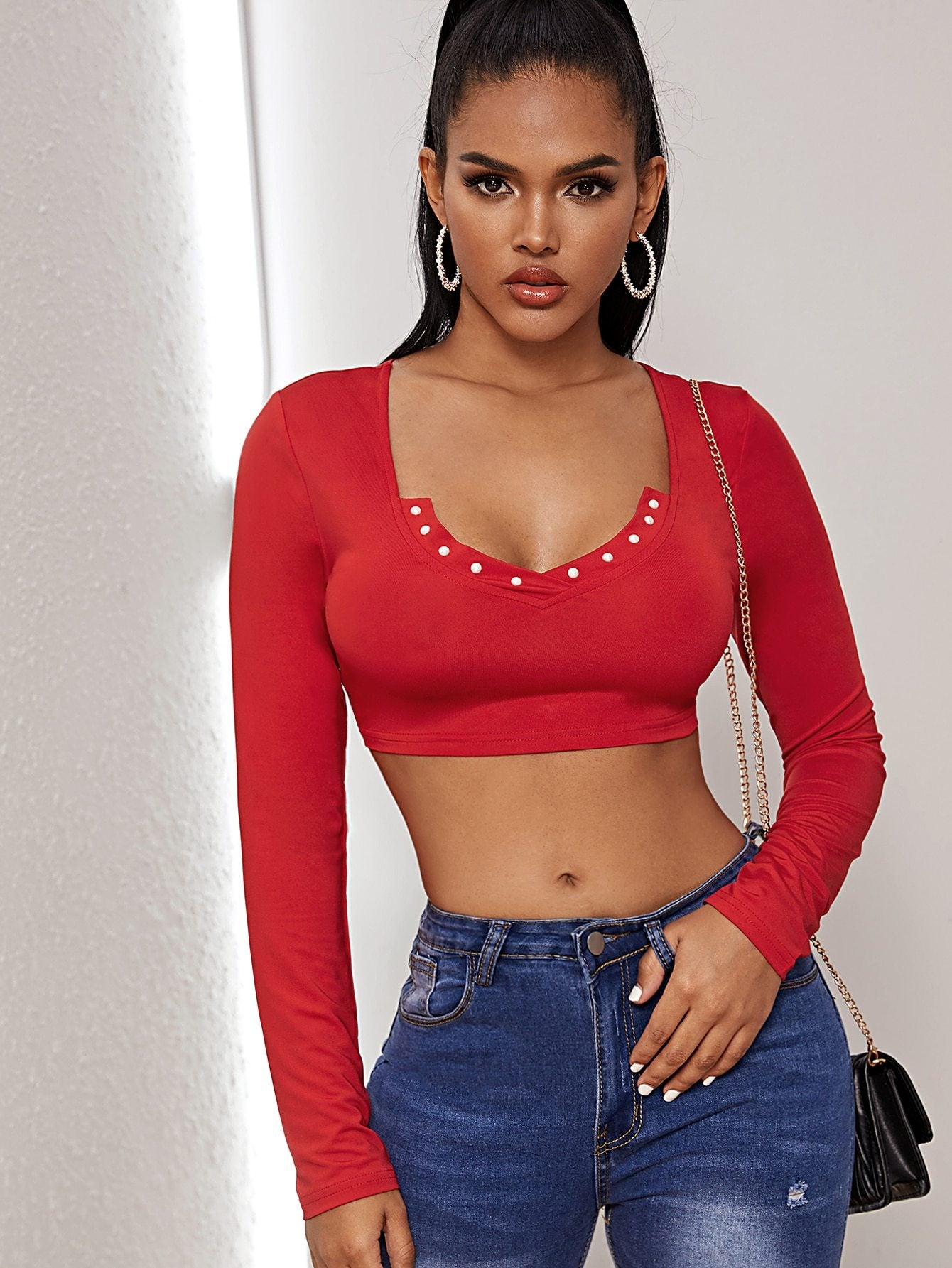 Pearls Detail Crop Tee