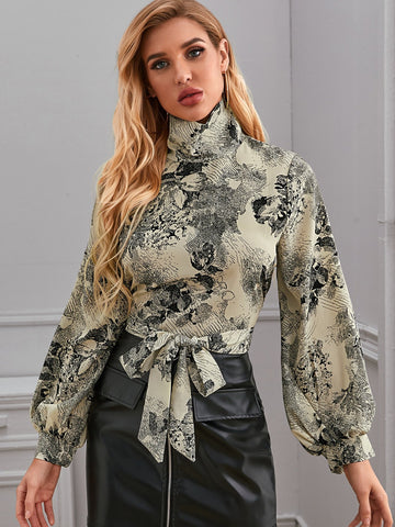 High Neck Puff Sleeve Belted Landscape Print Top