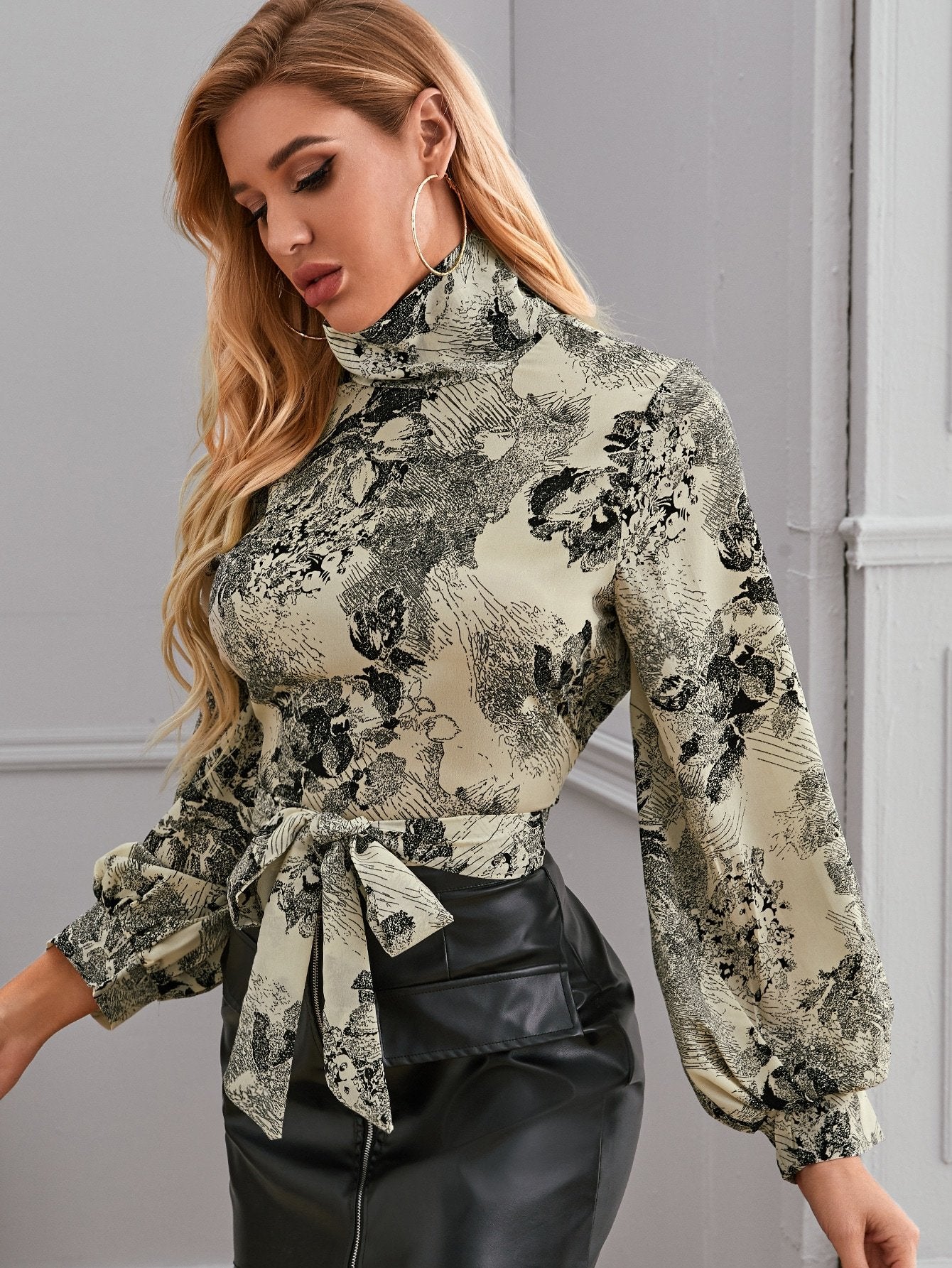 High Neck Puff Sleeve Belted Landscape Print Top