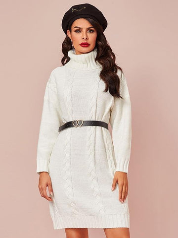 Cable Knit Turtleneck Jumper Dress Without Belt