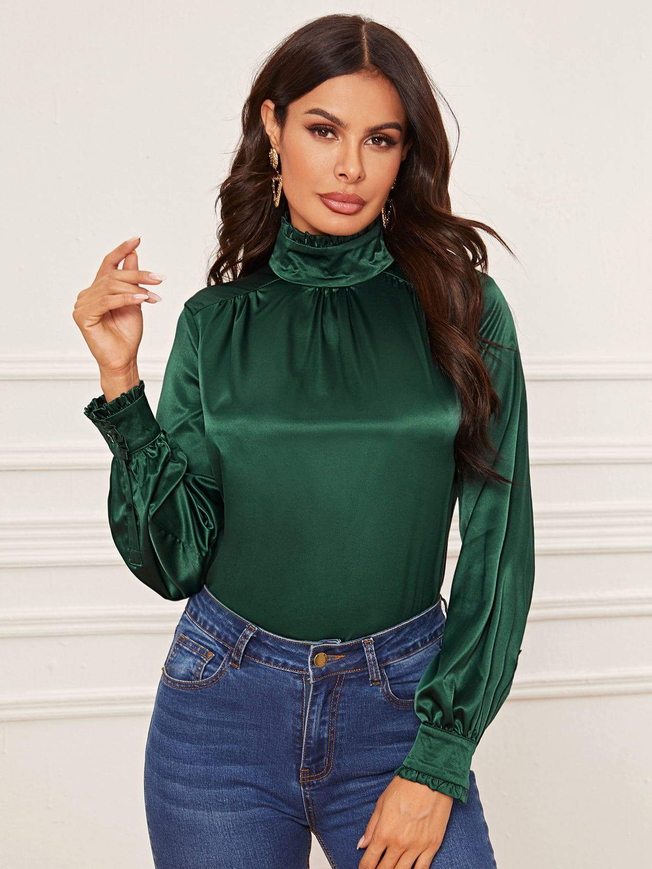 Solid Frill Trim Satin Blouse
