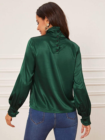 Solid Frill Trim Satin Blouse