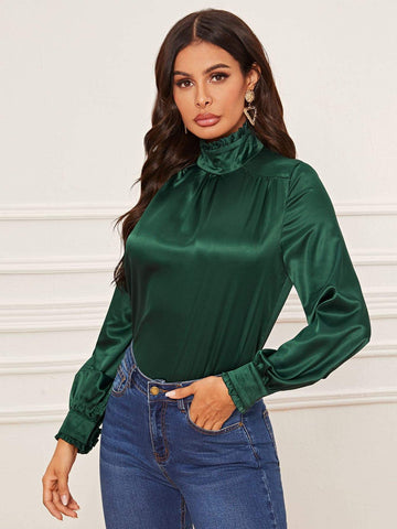Solid Frill Trim Satin Blouse