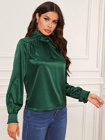 Solid Frill Trim Satin Blouse