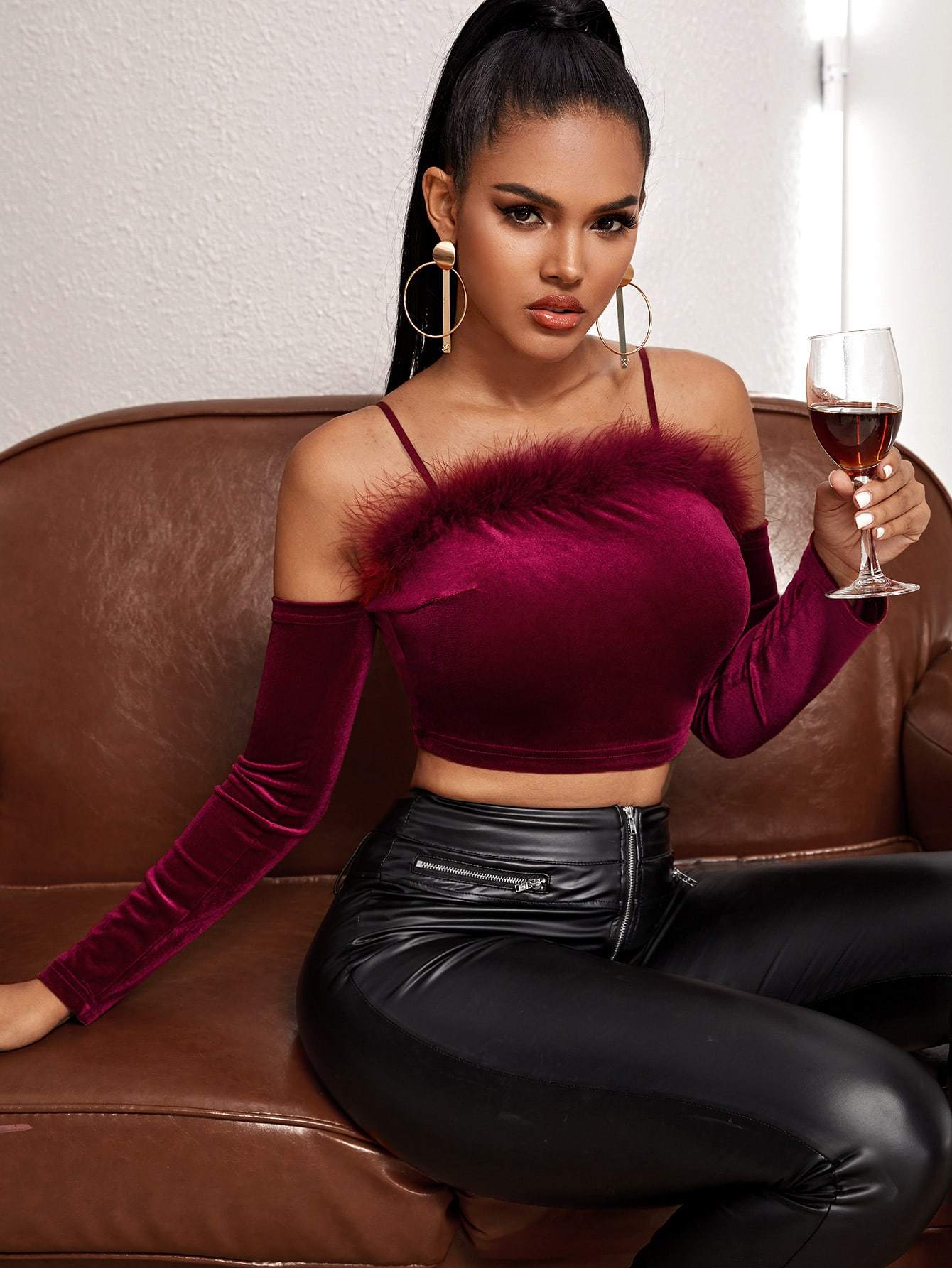 Faux Fur Cold Shoulder Velvet Fitted Crop Top