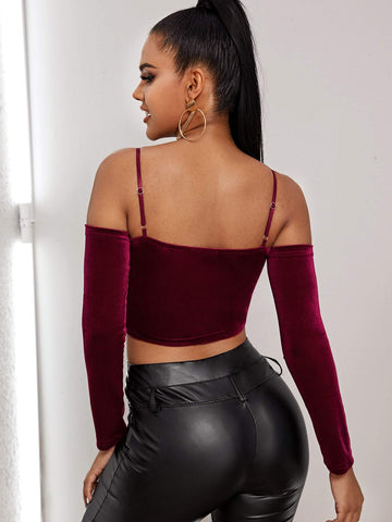 Faux Fur Cold Shoulder Velvet Fitted Crop Top