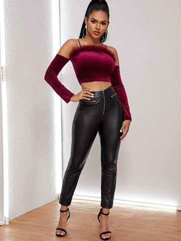 Faux Fur Cold Shoulder Velvet Fitted Crop Top
