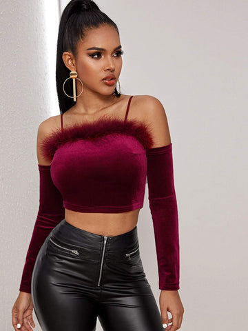 Faux Fur Cold Shoulder Velvet Fitted Crop Top