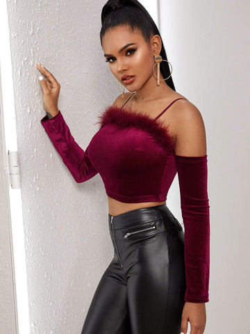 Faux Fur Cold Shoulder Velvet Fitted Crop Top
