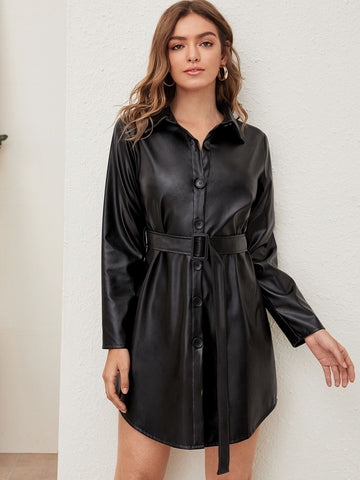 Button Through Curved Hem Belted PU Leather Dress