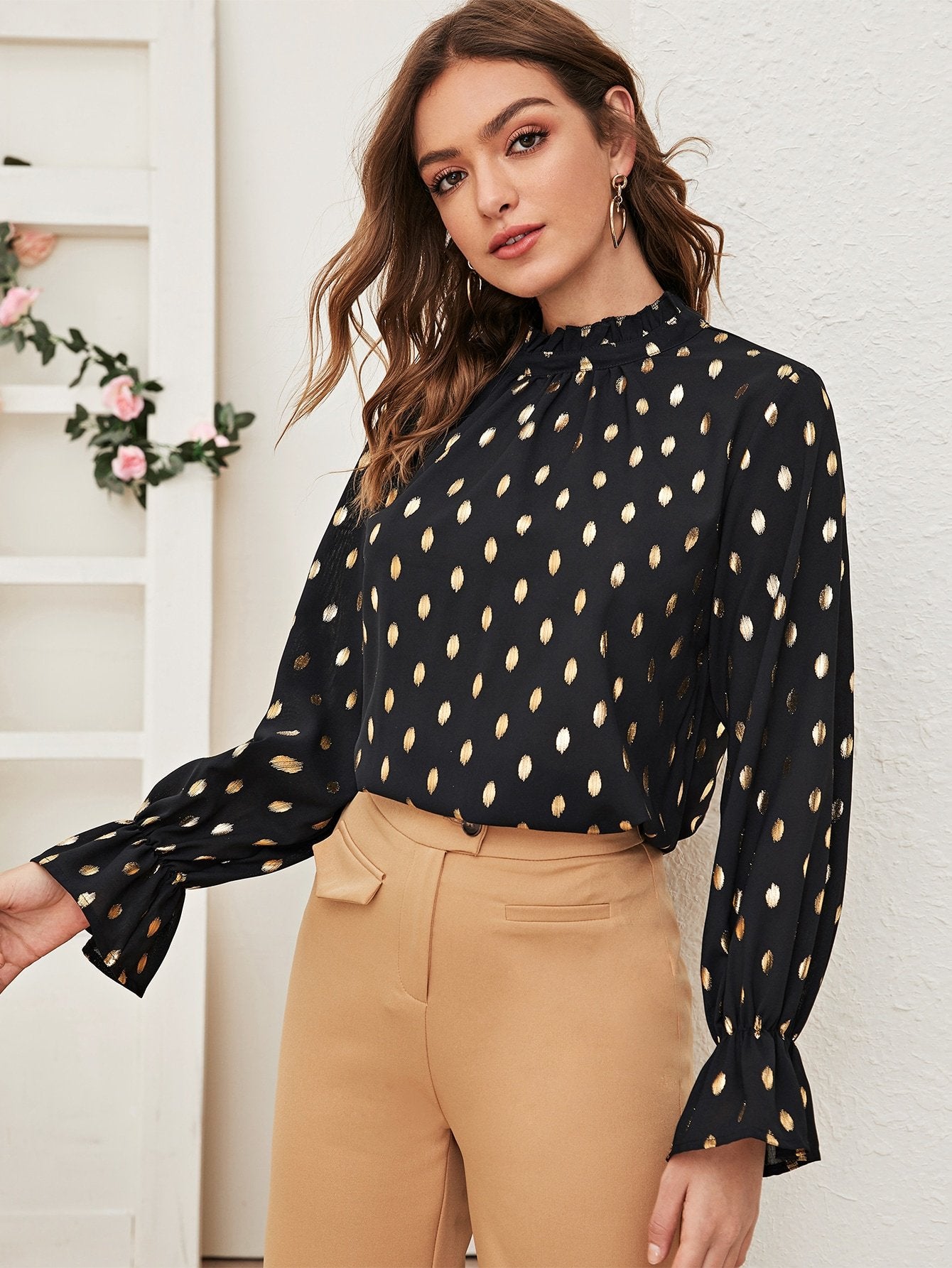 Polka Dot Flounce Sleeve Frill Blouse