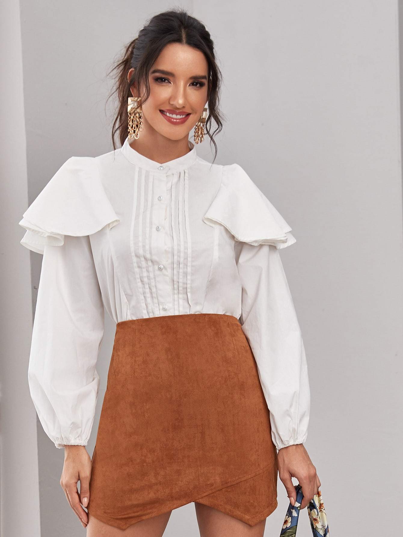 Ruffle Trim Bishop Sleeve Button Up Sleeve