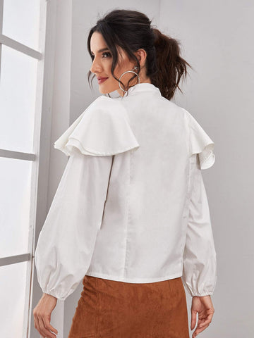 Ruffle Trim Bishop Sleeve Button Up Sleeve