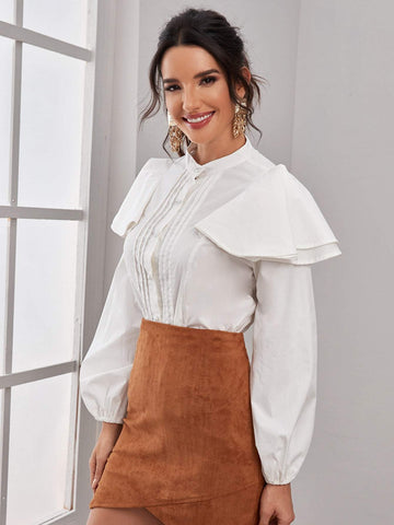 Ruffle Trim Bishop Sleeve Button Up Sleeve