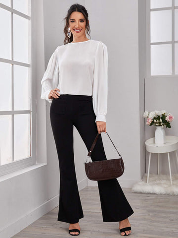 Puff Sleeve High Low Solid Blouse