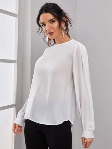 Puff Sleeve High Low Solid Blouse