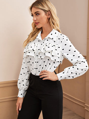 Heart Confetti Ruffle Trim Button Through Blouse