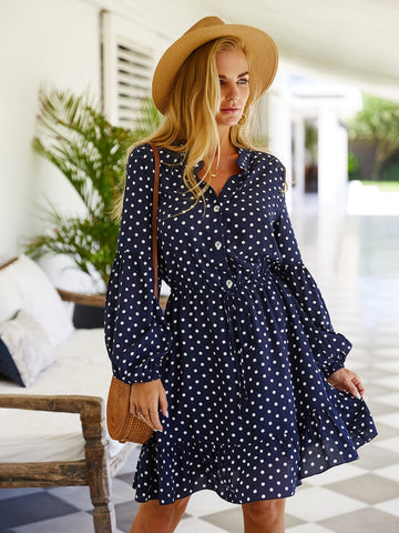 Polka Dot Tie Front Bishop Sleeve A-line Dress