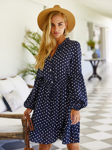 Polka Dot Tie Front Bishop Sleeve A-line Dress