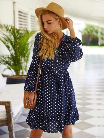 Polka Dot Tie Front Bishop Sleeve A-line Dress