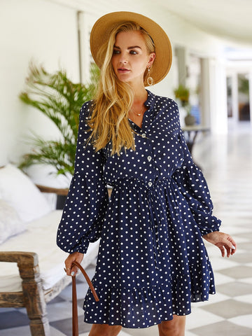 Polka Dot Tie Front Bishop Sleeve A-line Dress