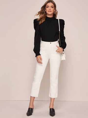 Mock- Neck Shirred Cuff Gigot Sleeve Top