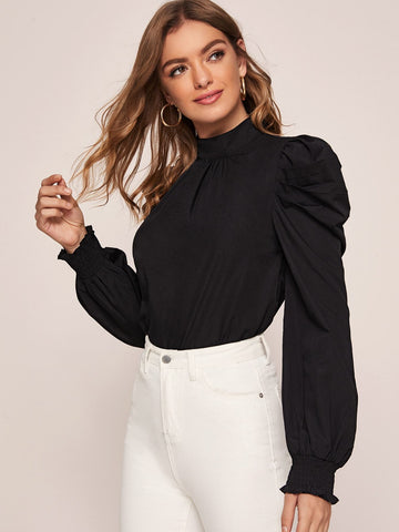 Mock- Neck Shirred Cuff Gigot Sleeve Top