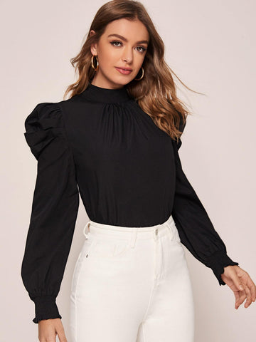 Mock- Neck Shirred Cuff Gigot Sleeve Top