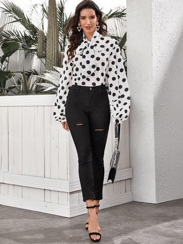 Puff Sleeve Tie Neck Polka Dot Print Top