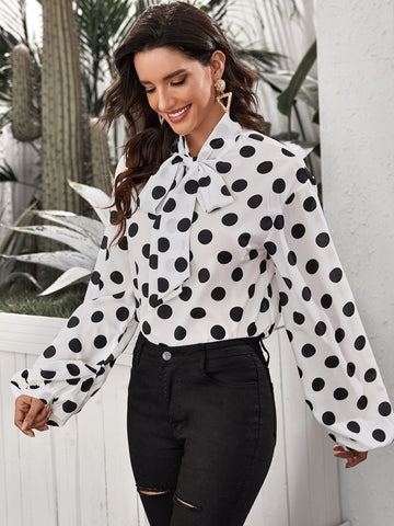 Puff Sleeve Tie Neck Polka Dot Print Top