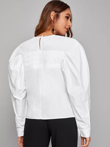 Keyhole Back Gigot Sleeve Solid Top