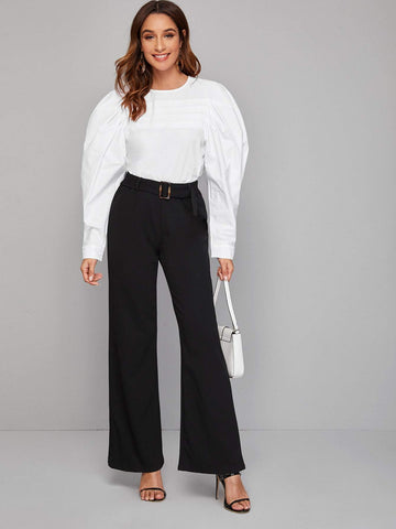 Keyhole Back Gigot Sleeve Solid Top