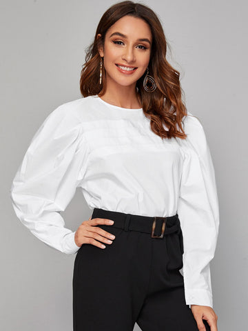 Keyhole Back Gigot Sleeve Solid Top