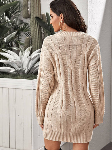 Drop Shoulder Cable Knit Jumper Dress Without Belt