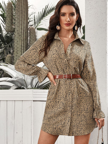 Dalmatian Print Flounce Sleeve Shirt Dress Without Belt