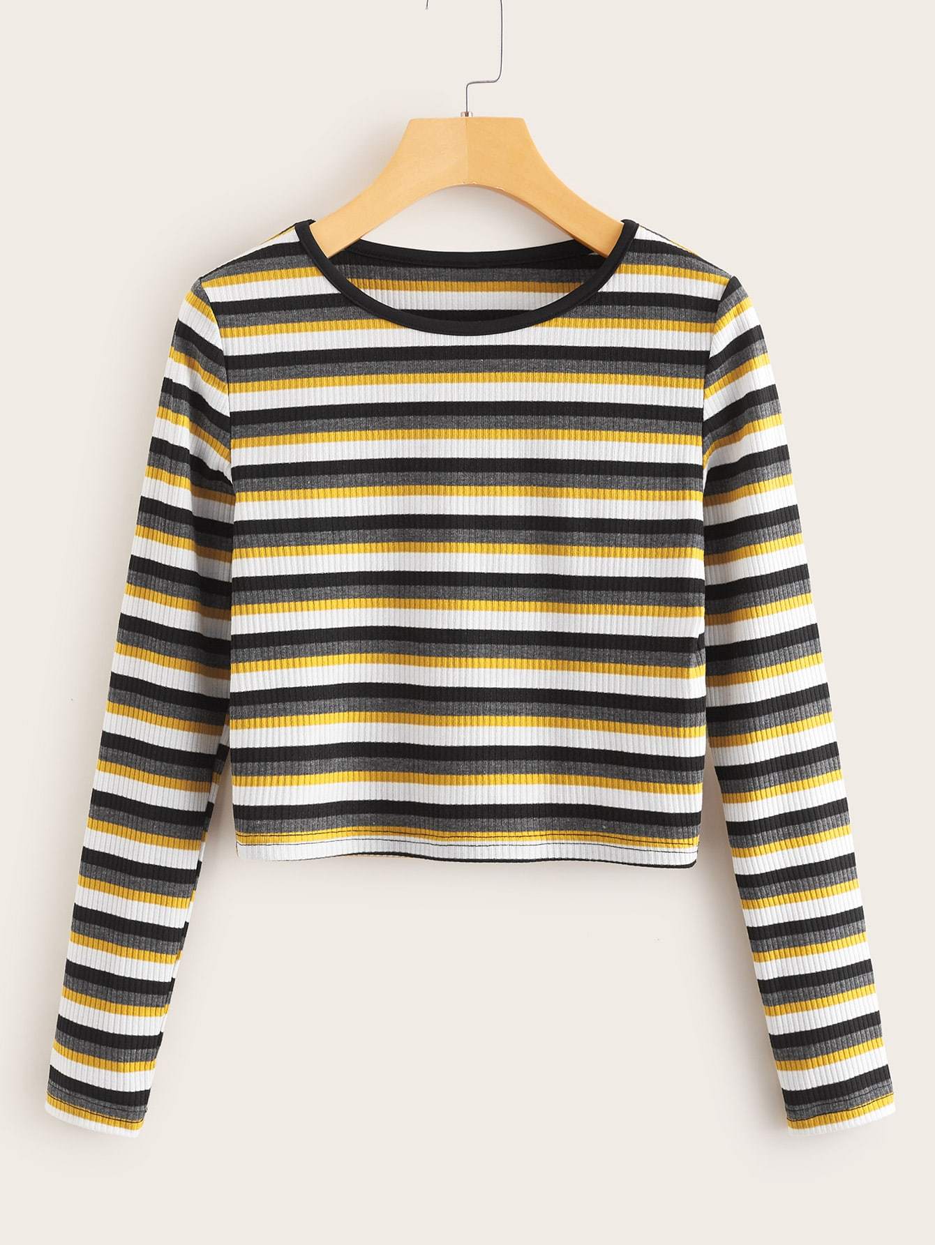 Rib-Knit Striped Crop Fitted Tee