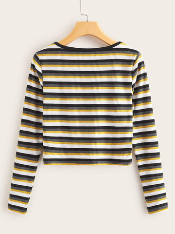 Rib-Knit Striped Crop Fitted Tee