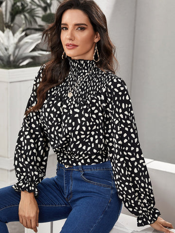 Tie Back Shirred Detail Bishop Sleeve Dalmatian Crop Top