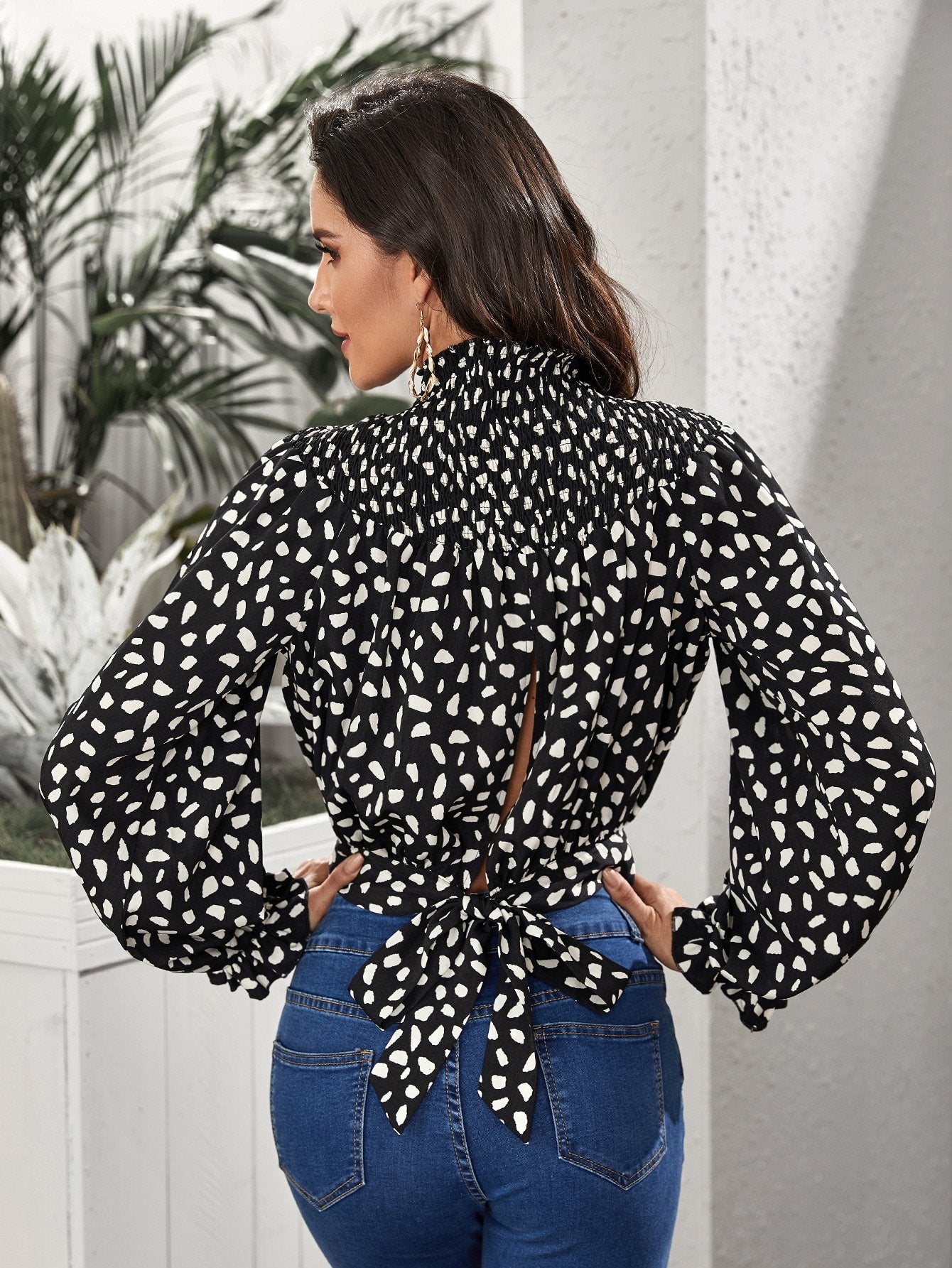 Tie Back Shirred Detail Bishop Sleeve Dalmatian Crop Top