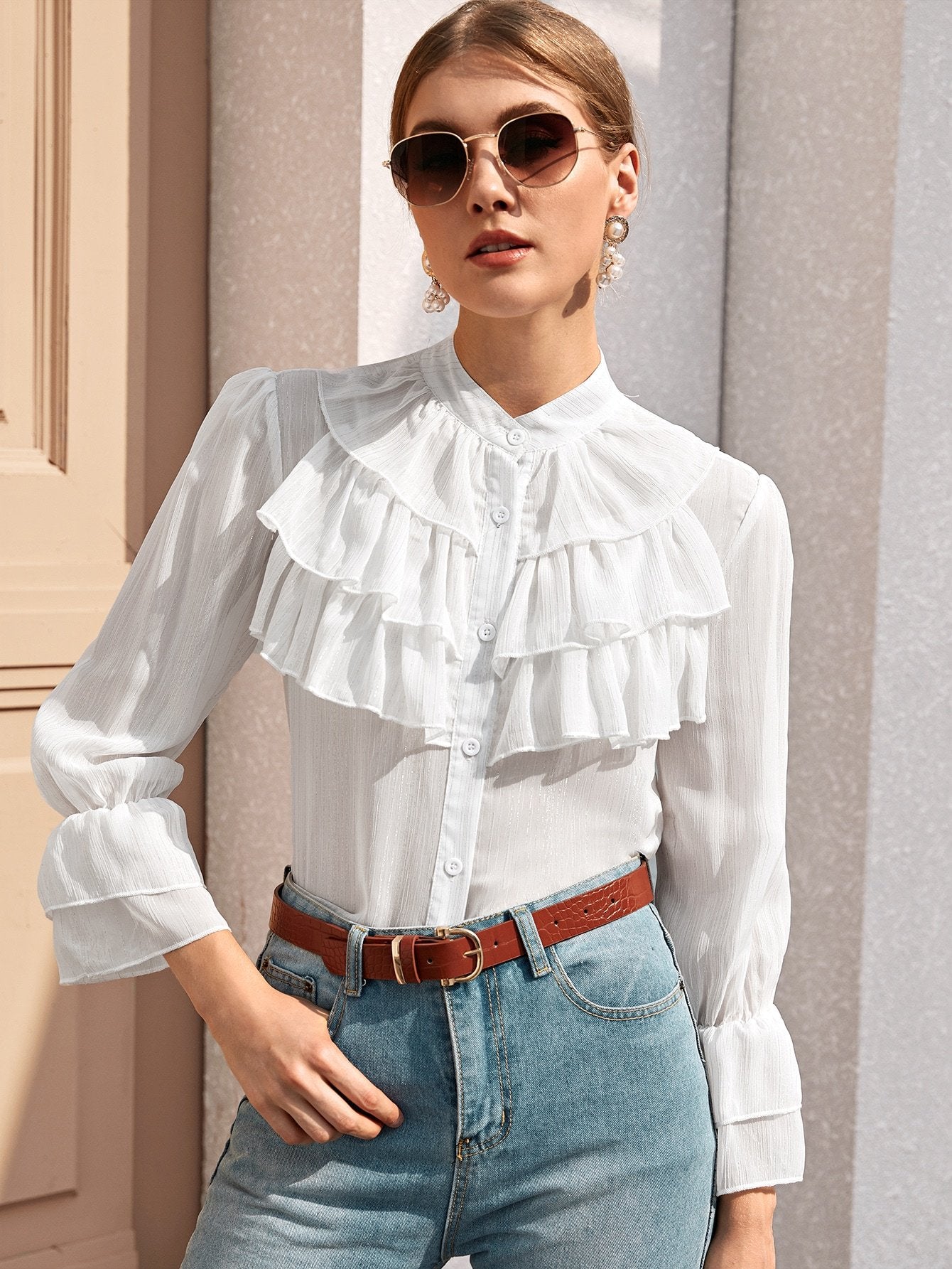 Flounce Sleeve Tiered Layer Chiffon Blouse
