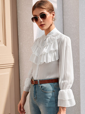 Flounce Sleeve Tiered Layer Chiffon Blouse