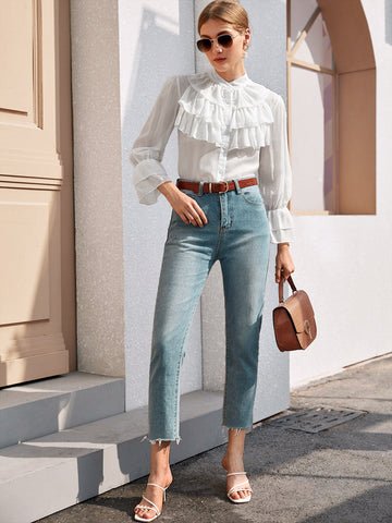 Flounce Sleeve Tiered Layer Chiffon Blouse