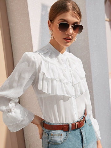 Flounce Sleeve Tiered Layer Chiffon Blouse