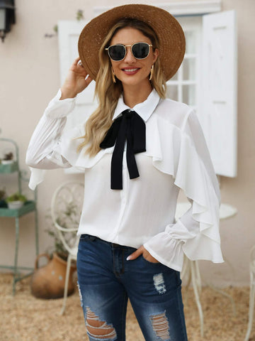 Tie Neck Ruffle Trim Blouse