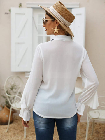 Tie Neck Ruffle Trim Blouse